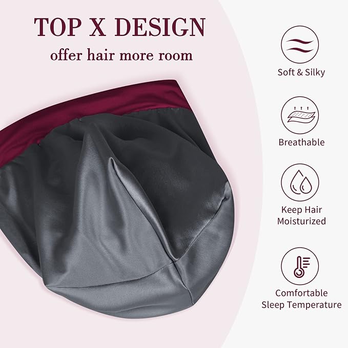 Fittia Satin Hair Bonnet for Sleeping, Silky No Frizzy for Curls Care, Adjustable Strap for Non-Slip, Dreadlocks Cap for Women&Men Claret