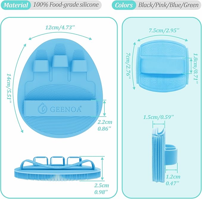 Silicone Bath Glove & Face Scrubber Set 2PCS, 360° Anti-Slip & Hand-fit Body Scrubber for Rich Foaming Deep Cleaning, Unique Facial Scrubber with Side-bristles for Contoured Areas.(Blue)