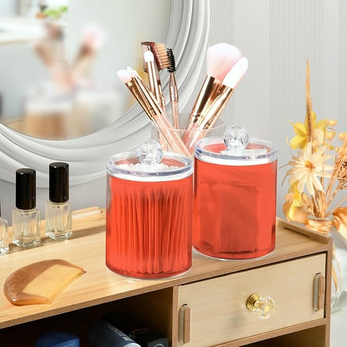 Tomato Red Qtip Holder Organizer Dispenser Cotton Swabs Cans Plastic Jars with Lid Set 2 Pack Bathroom Storage Canister for Cotton Ball Floss Cotton Pads