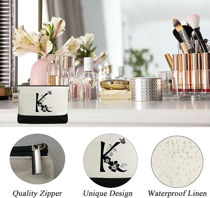 Personalized Gifts for Women - Initial Canvas Tote Beach Bag & Makeup Bag, Unique bags for Christmas, Birthday, Holiday, Wedding, Monogram Birthday Gifts for Women, Wife, Friends, sisters, Mom (K)