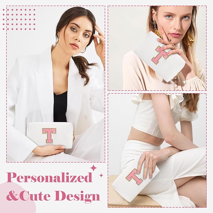 Personalized Makeup Bag Initial A-Z Preppy Patch Bag,Small PU Leather Travel Cosmetic Bag Pouch with Zipper,White Cute Toiletry Bag,Gift Ideal for Teen Girls Women Birthday Friend Mom,Letter T