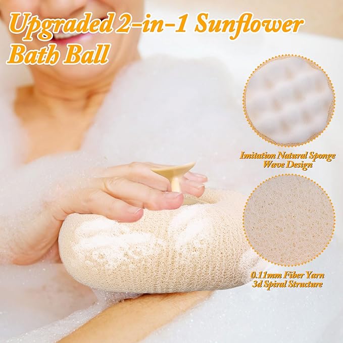 2Pcs Upgrade 2-in-1 Sunflower Bath Ball,Super Soft Sunflower Suction Cup Bath Ball，Bath Loofah with Suction Cup, Exfoliating Bath Sponges for Shower Women Men(Beige+Purple)