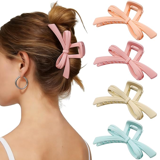 Mesovor 4 Pack Cute Bow Claw Clips, Nonslip 4.92" Large Matte Strong Hold Bows Hair Clips for Thin and Thick Hair | Chic Hairclips for Holidays or Everyday Hairstyle (Colorful Matte)