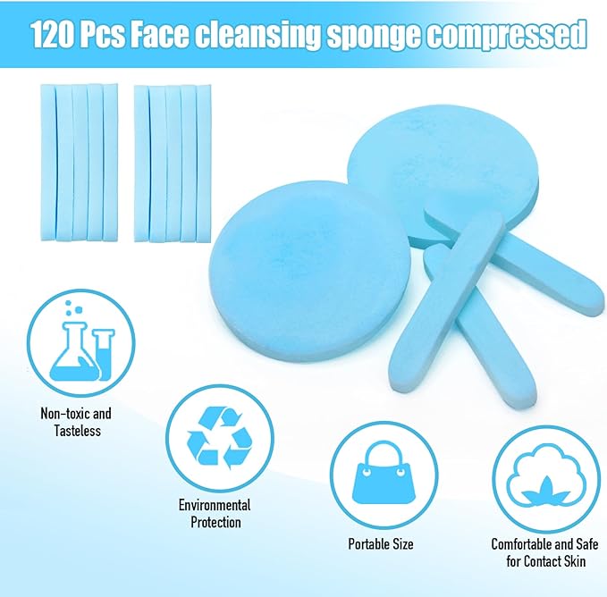 120 Pcs Facial Sponge Compressed, Luxiv Face Cleansing Sponge Estheticians Compressed Makeup Facial Sponge Round Wash Face Sponges for Women Compress Exfoliating Removal Sponge (blue)