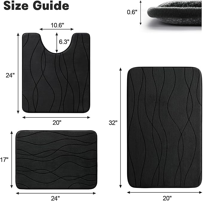YIHOUSE Memory Foam Black Bathroom Rug Sets 3 Piece, Ultra Absorbent Bath Mat for Bathroom - Non-Slip Machine Washable & Dry Quickly, 3 Piece Bathroom Mat Set, Black