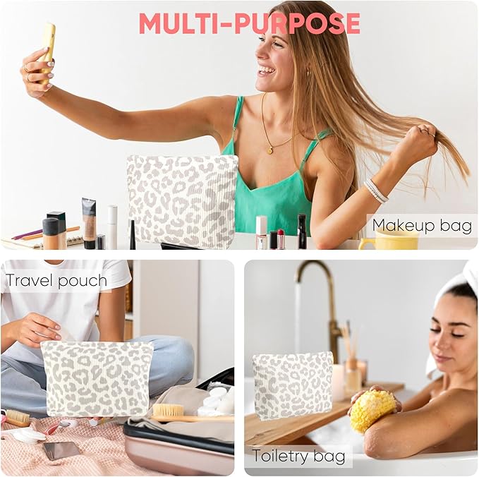 Makeup Pouch for Women Small Make Up Bag for Purse Zipper Initial Makeup Cosmetic Bags Pouches for Purse Aesthetic Travel Toiletry Bags, Grey Leopard Pattern