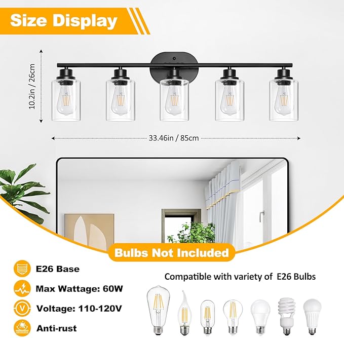 Unicozin 5 Light Bathroom Light Fixtures,33.5 Inch Vanity Lights for Bathroom, Lacquered Black Wall Lamp with Clear Glass for Mirror, Living Room, Hallway, Cabinet, E26 Base