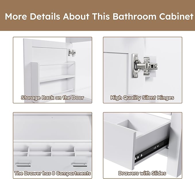 Montary 42" Bathroom Vanity Without Sink, Modern Stylish MDF Bathroom Storage Cabinet, Freestanding Vanity with 2 Doors and One Large Divided Drawer, White (NOT Include Sink)