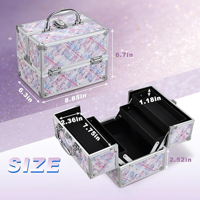 FRENESSA Makeup Train Case 8.85 Inch Portable Makeup Case Organizer Cosmetic Box Make Up Box Makeup Organizer Cosmetic Storage Cases with Locking Nail Kit Organizer Small Travel Case Pink Plaid