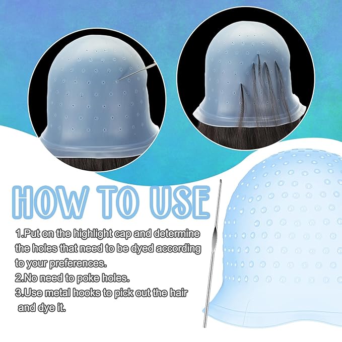 Jexine 2 Pcs Hair Coloring Highlighting Cap Reusable Silicone Highlight Cap with Holes and Hook for Hair Coloring, Frosting, Hairdressing & Highlighting, Salon Tools Kit(Blue)