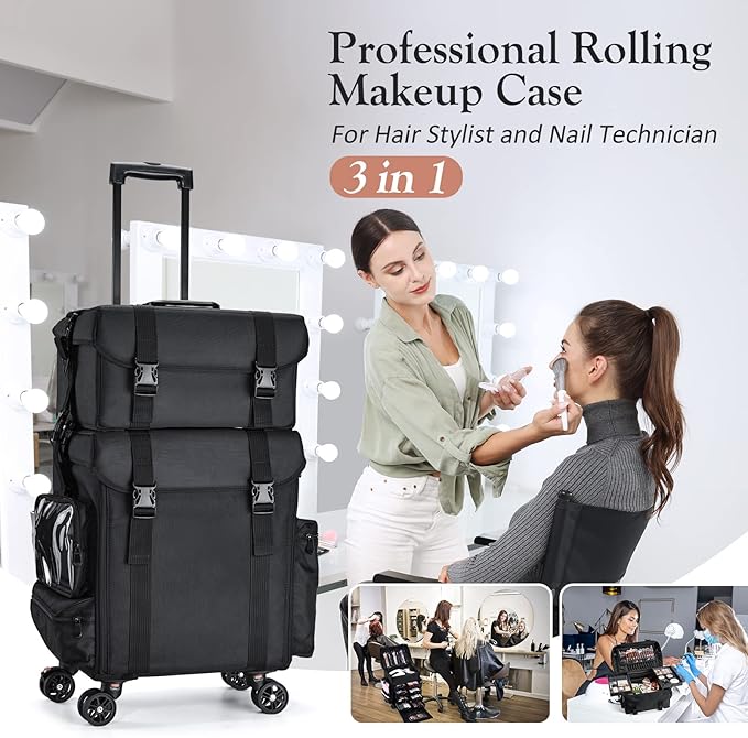 Stagiant Professional Rolling Makeup Case Soft Sided Cosmetology Organizer Wheeled Nylon Train Case Portable Travel Supply Station for Makeup Artist Nail Technician Hair Stylist Crafters