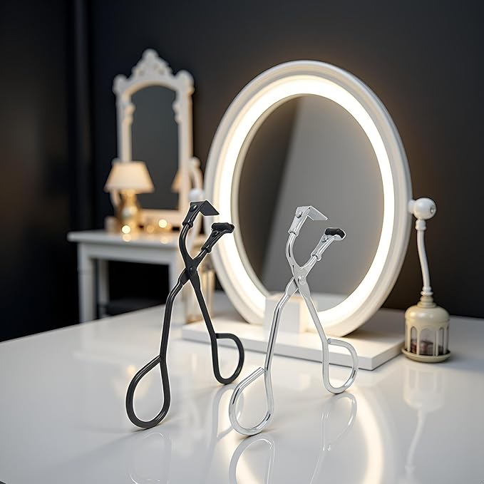 2 Pcs Eyelash Curler with Refill Pads - Mini Lash Curler for All Eyelash Shapes - Professional 2-in-1 Beauty Kit with Precision Tweezers - Stainless Steel Design for Perfect Control (Black+Silver)
