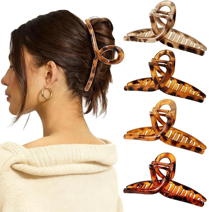 4PCS 5.43 Inch Tortoise Shell Claw Clip for Women, Extra Large Claw Clips for Thick Long Curly Hair, Strong Hold Hair Clip, Non-slip Elegant Butterfly Durable Hair Accessories