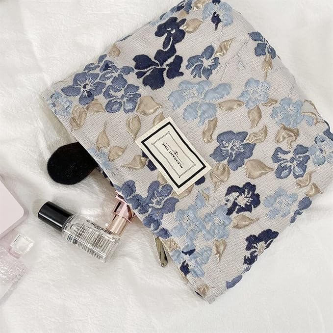 SxoSyo Cosmetic Bags for Women Makeup Bag Large Capacity Purse Travel Toiletry Zipper Storage Pouch Make up Brushes Organizer for Gifts (Blue, Stereo flower)