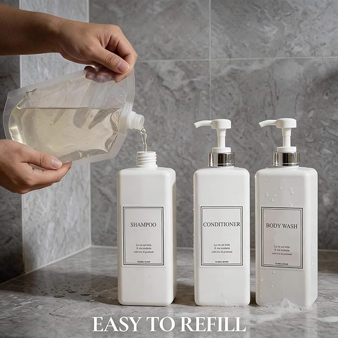 Shampoo and Conditioner Dispenser - Modern Design Large 27oz Shower Soap Dispenser Set of 3, Refillable Empty Plastic Pump Bottles for Bathroom, 6 Waterproof Labels Included, White & Silver