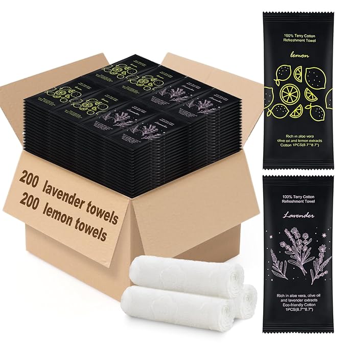 Moist Cotton Towel Bulk Moist Towelettes Individually Wrapped 8.7" x 8.7",White Towel Services,Refreshment Pre Moistened Towels Lavender and Lemon Scent for Travel Sport Party Spa Dentist Hote400