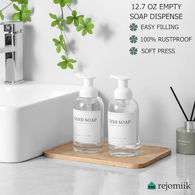 rejomiik 2 Pack Foaming Soap Dispenser Thick Glass Foam Hand Soap Dispenser for Bathroom or Kitchen Sink, 13 oz Clear Pump Bottles for Hand soap, Body Wash, White
