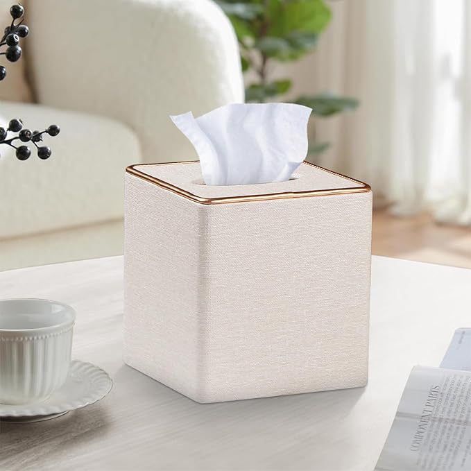 Leather Tissue Box Cover Square,Decorative Cube Tissue Box Holder with Magnetic Bottom,Facial Paper Organizer Table Napkin Case Dispenser for Bathroom NightStand Coffee Car Home Office,Beige
