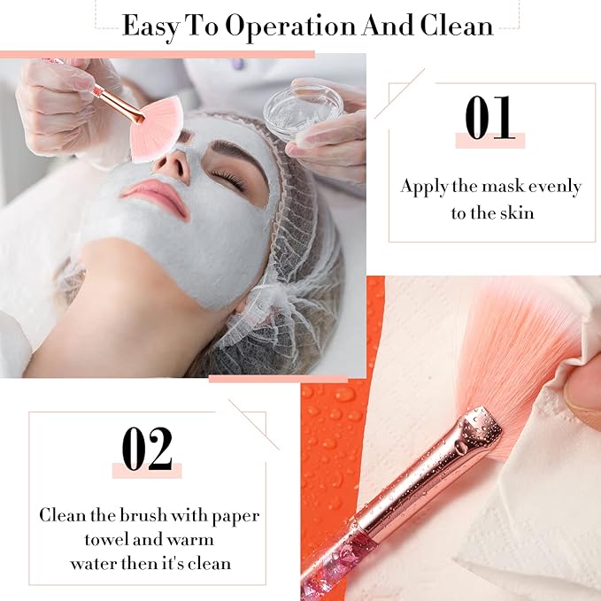 Nuenen 12 Pcs Soft Fan Facial Brushes Mask Acid Applicator Brush for Mud Cream Blush Makeup Peel Glycolic Multi Use Cosmetic Tools with Glitter Quicksand Handle and Pouch(Pink)