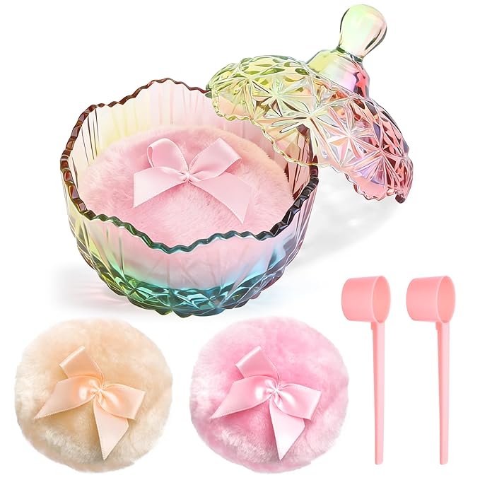 Coolrunner 5PCS Body Powder Puff and Container, Crystal Clear Powder Container with Powder Spoon, Dusting Powder with Puff for Women, Washable Reusable