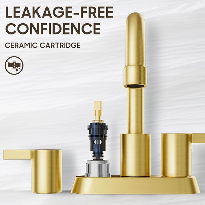 Brushed Gold 4 Inch 2 Handle Centerset Lead-Free Bathroom Faucet, Swivel Spout with Copper Pop Up Drain and 2 Water Supply Lines, BF015-1-BG