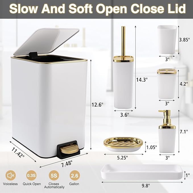 White Bathroom Accessories Set 8 Piece White and Gold Bathroom Set, Bathroom Sets with Stainless Steel Trash Can,Toilet Brush,Toothbrush Set,Soap Dispenser