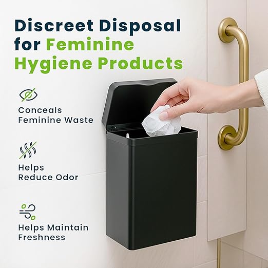 Alpine Sanitary Napkin Receptacle – Wall Mounted Tampon Holder for Bathroom Provides Clean & Odor-Free Restroom for Home, Office & Public Restrooms (Black)