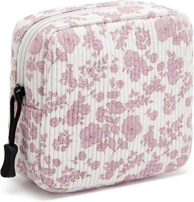 Small Makeup Bag for Purse,Mini Cosmetics Bag cute Zipper corduroy Cosmetic Pouch Storage Pouch Travel Toiletry Organizer for Women Girls(Plants Pink)