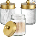 3PC Farmhouse Decor Qtip Holder Apothecary Jars Bathroom Vanity Storage Organizer -Countertop Canister Container &Cute Stickers for Cotton Swab,Ball,Pad,Floss,Paper Clips (Gold)