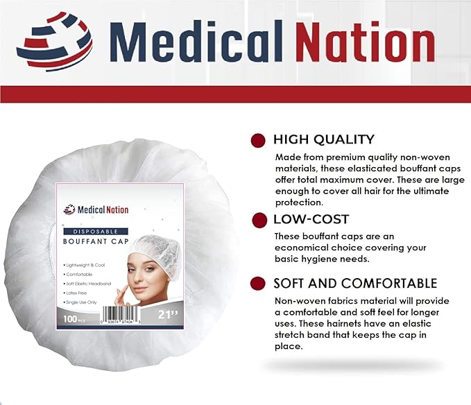 21" Disposable Bouffant Caps | Pack of 100, White | Hairnets, Non-Woven, Non-Pleated Head Hair Covers |For Medical, Labs, Nurse, Tattoo, Food Service, Hospital, Cooking - Size 21" White