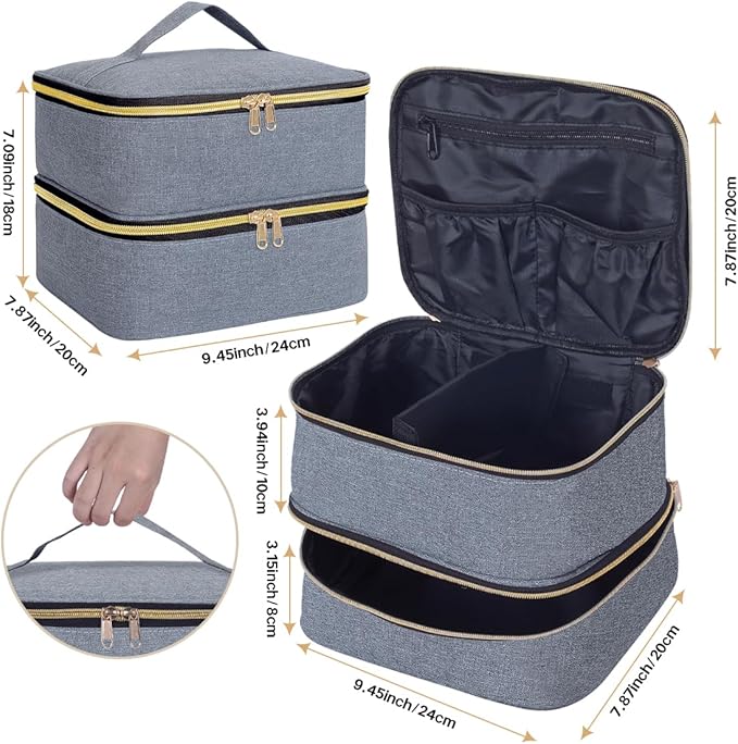 Double Layer Makeup Bag Portable Large Cosmetic Case Organizer with Adjustable Dividers Storage Travel Bag for Accessories Brushes Conditioner and Skin Care Products (Gray Gold)
