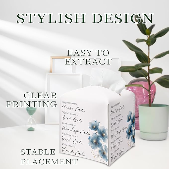 Christian Bible Verses Tissue Box Cover Square, Thank God Waterproof Leather Tissue Box Holder, Blue Flower Stylish Paper Facial Tissue Box Covers Cube for Office Bathroom Home Prayer Room