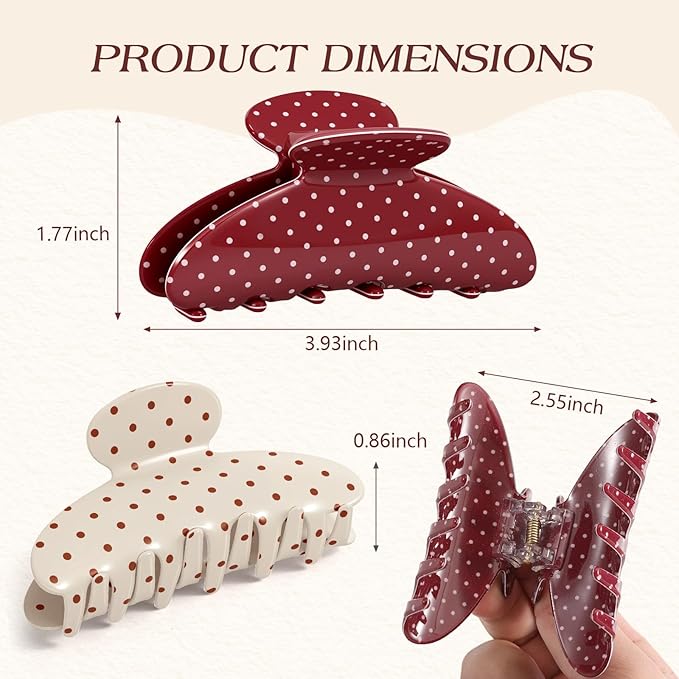 2 Pack Medium Hair Clips for Women, Strong Hold Recycled Plastic Claw Clips for Thick Hair Polka Dot | Great for Updo Half Up Hairstyle | Ideal Gifts for Women - Red and Beige Holiday Gift