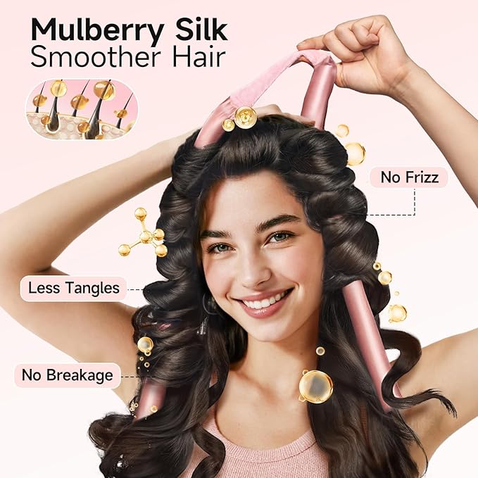 Umisleep 22 Momme Mulberry Silk Heatless Curls Overnight, Heatless Hair Curler to Sleep In, for Women Long Hair, Hair Care Roller Gift Set, Upgraded Soft with Clips & Scrunchies, Pink