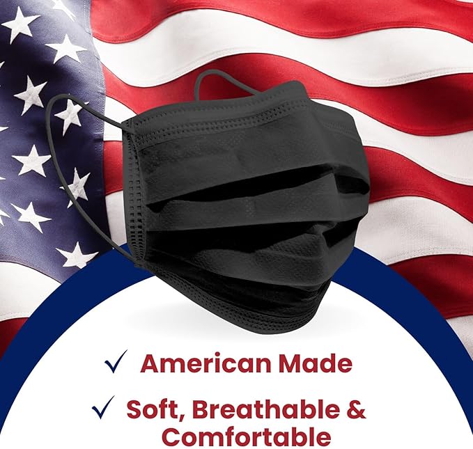 MAGICARE USA Made Black Face Masks, Disposable - Adult 3 Ply Premium Black Mask - Disposable Face Mask for Women/Men (50/Box)