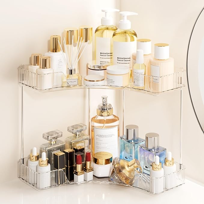 2-Tier Corner Bathroom Counter Organizer, Large Makeup Organizer For Vanity, Skincare Perfume Organizers For Women Or Men, Exquisite Corner Shelf For Bathrooms, Kitchens, Or Bedroom, (Clear, 2 Tier)