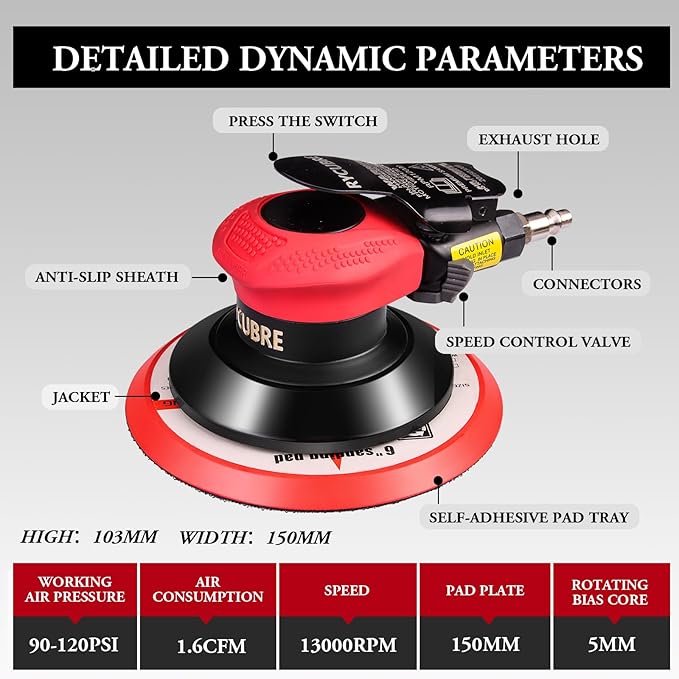 pneumatic Air Sander 5/6 Inch DA Palm Sander for auto body, High Speed Random Orbital Sander for Woodworking & Auto Polishing (6 Inch)
