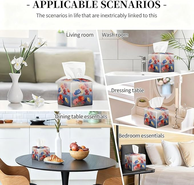 Floral Tissue Box Cover Leather Tissue Box Holder Square Facial Paper Organizer Dispenser for Bathroom Kitchen Bedroom Vanity Countertop Night Stands