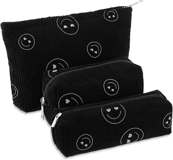 3 Pcs Makeup Bag Set for Women Corduroy Cosmetic Pouch Aesthetic Smile Travel Toiletry Bag Cute Purse Pouch Pencil Case Makeup Brushes Storage Organizer with Zipper(Black,Smile Face)