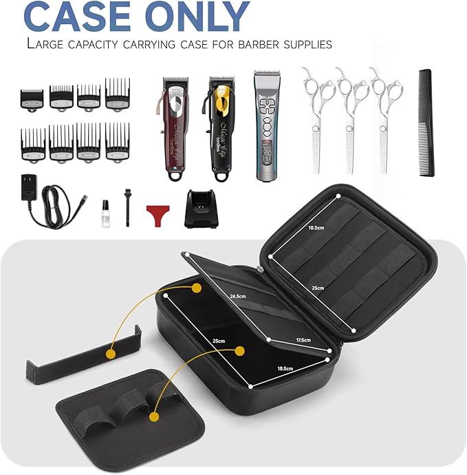 MOSLA Hard Barber Accessories Case for Hair Clippers, Mens Hair Cutting Barber Supplies Holder Organizer Storage Bag for Hair Cutting, Guard Grooming Kit (PU Black)