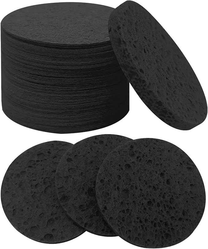50-Count Large Compressed Facial Sponges for Estheticians,Daily Cleansing and Gentle Exfoliating- 100% Natural Cellulose Spa Sponge Perfect for Removing Dead Skin,Dirt and Makeup(Round 2.95",Black)