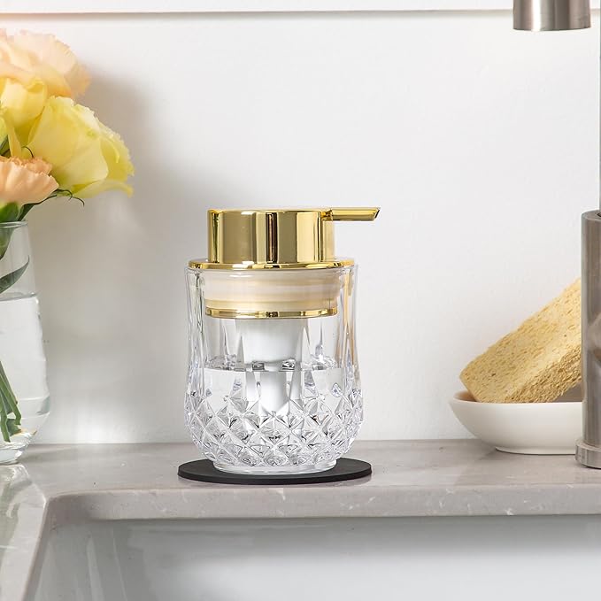 Glass Foam Soap Dispenser Set - 2 Pack Bathroom Hand Soap Dispensers,Refillable Dish Soap Dispenser for Gold Pump,Modern Home Soap Dispenser for Bathroom,Kitchen (Clear/Gold Poam Pump/2Pack)