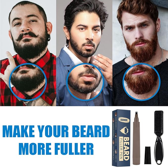 2 Pack Beard Pencil Filler for Men 4 Head Beard Filler Pen with Beard Brush Kit Beard Shaping Tool Waterproof Creates Natural Beard and Brows（Black，Dark Brown）