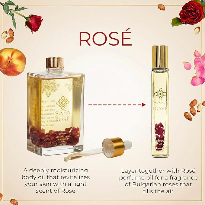 SAFA Rosé Organic Rose Oil Perfume Roller | Bulgarian Damask & Indian Rose Petals | 10 mL Long Lasting Perfume Oil for Women & Men | Non-Toxic, Alcohol-Free & Travel Friendly