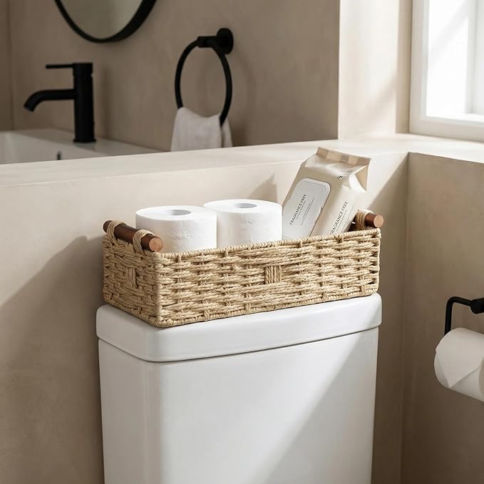 Back of Toilet Basket, Khaki Wicker Toilet Tank Basket for Toilet Paper Storage, Basket for Toilet Tank Top, Neutral Bathroom Organizer for Wipes & Essentials