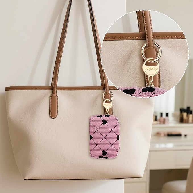 Mini Makeup Bag, Corduroy Small Cosmetic Bag for Purse with Ring Buckle, Travel Makeup Pouch for Lipsticks, Chapsticks, Coin, Earphone, Credit Card (Hearts-Beige)
