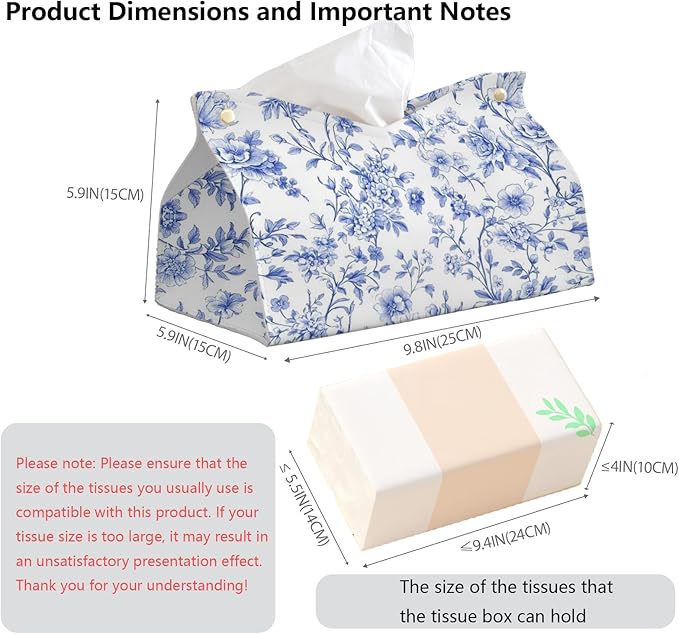 Light Blue Chinoiserie Tissue Box Cover Rectangle,Blue and White Floral Toilet Paper Box Holder,PU Leather Decorative Facial Paper Case for Bathroom Kitchen Office Desk,9.8x5.9x5.9