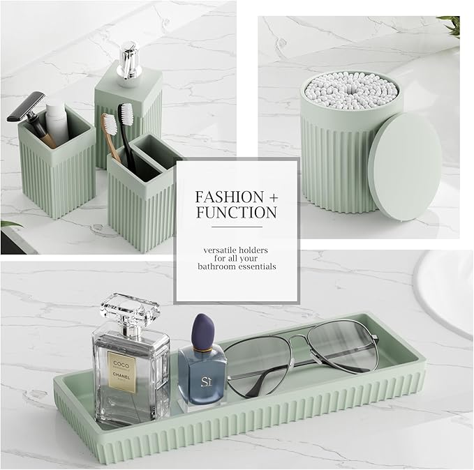Bathroom Accessories Set, 6-Piece Resin Green Bathroom Set with Toothbrush Holders, Soap Dispenser, Vanity Tray, Tumbler, Cotton Swab Jars, Modern Bathroom Organizer for Small Spaces