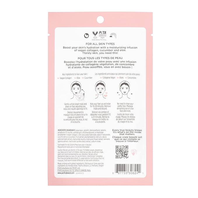 Pacifica Beauty, Vegan Collagen Hydrate & Plump Face Mask, Sheet Mask Set, Skincare, Moisturizer, Hydrated Dewy Skin, Cucumber & Aloe, For Dry & Aging Skin, 2 Pack, Vegan