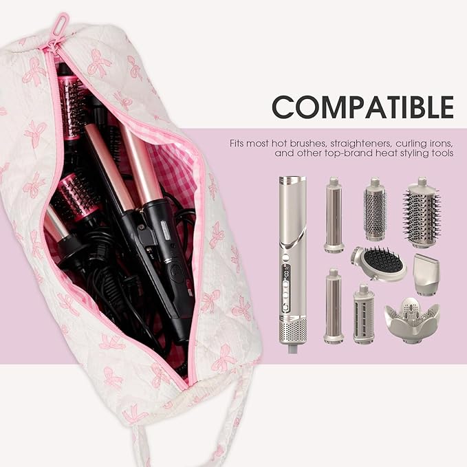 Hair Tools Organizer Bag with Bow Pattern for Curling Irons, Flat Irons, Hair Dryers and Styling Tools, Portable Pink Travel Case, Haircare Accessories Travel Essentials(14" x 3.1" x 4.9")